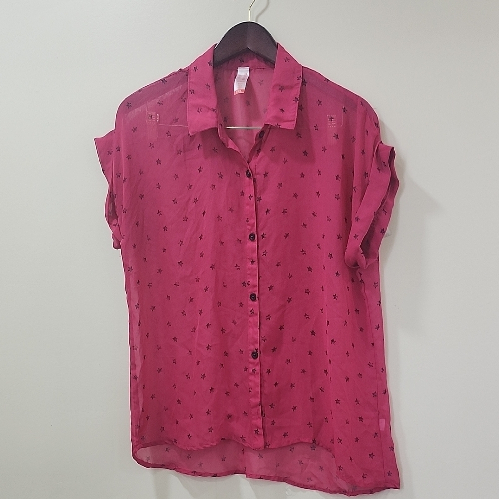Vibrant Pink Notched Collar Cuffed Sleeve Top
